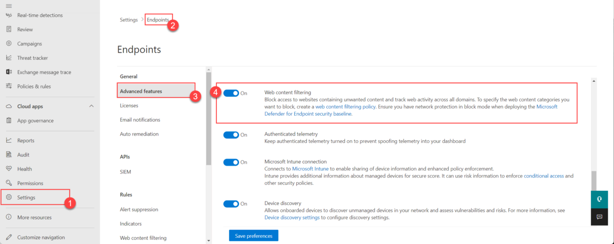 Enabling Web content filtering in Microsoft 365 Defender advanced features